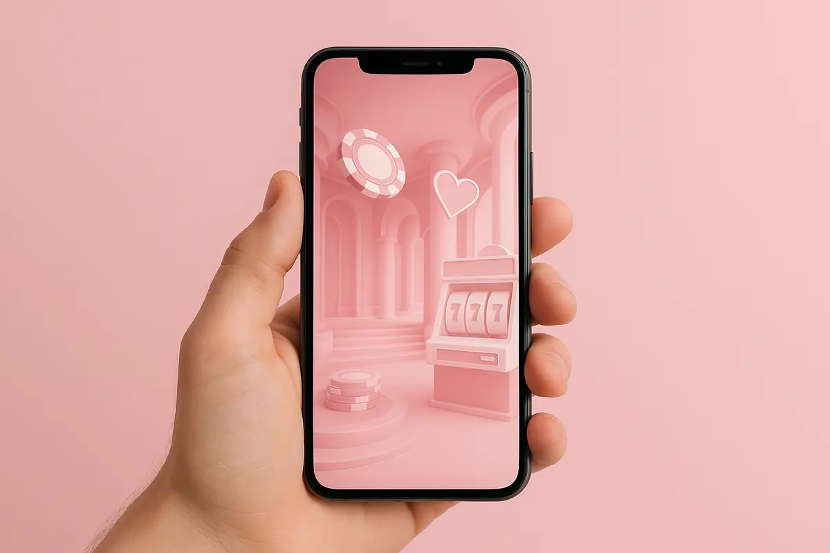 Hand holding a phone with a pink casino lobby